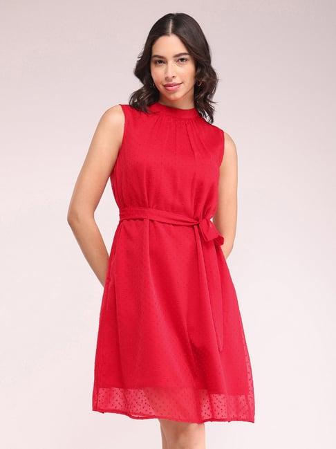 fablestreet-red-self-design-wrap-dress