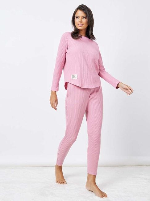 styli-pink-cotton-striped-t-shirt-pyjama-set