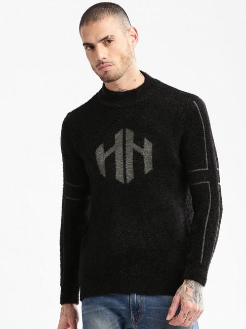 showoff-black-slim-fit-printed-sweater
