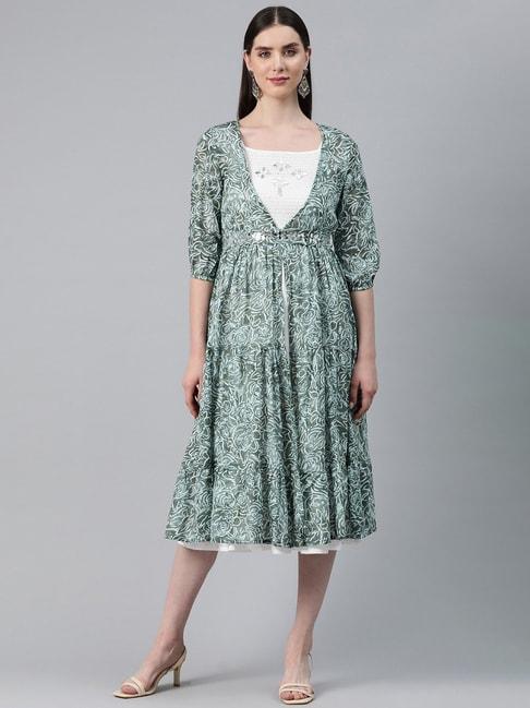 readiprint-fashions-green-&-white-cotton-printed-a-line-dress-with-jacket