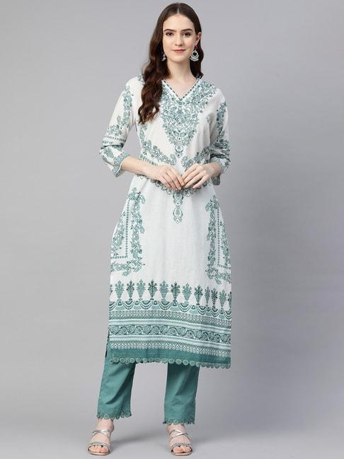 readiprint-fashions-white-&-green-cotton-floral-print-kurta-pant-set