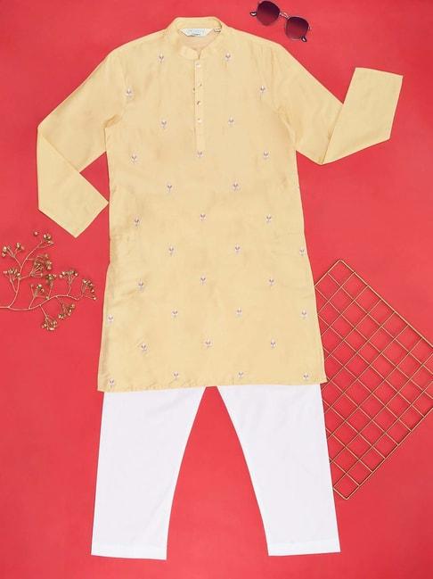 indus-route-by-pantaloons-kids-honey-mustard-&-white-embroidered-full-sleeves-kurta-set