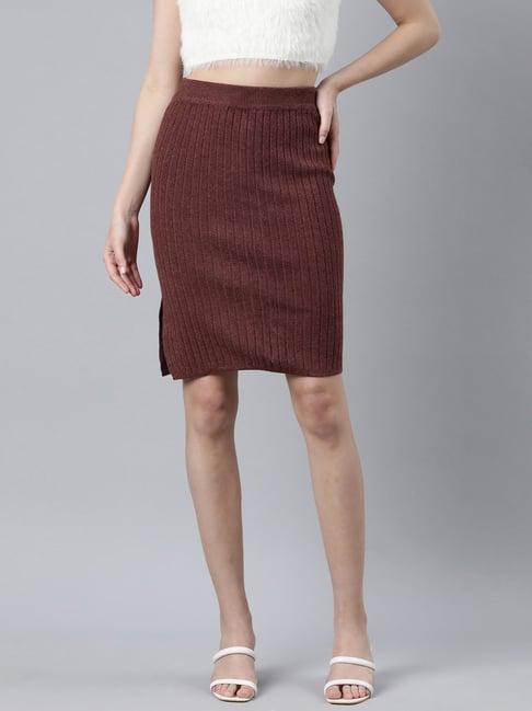 showoff-brown-self-design-skirt
