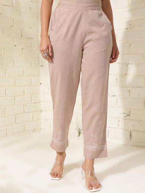 fabindia-beige-cotton-embroidered-pants