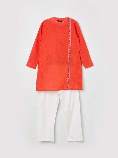 melange-by-lifestyle-kids-orange-&-white-cotton-printed-full-sleeves-kurta-set
