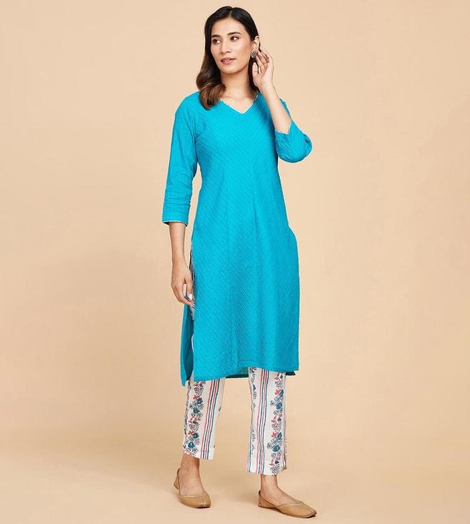 fabindia-turquoise-cotton-hand-block-printed-2pc-kurta-with-pant