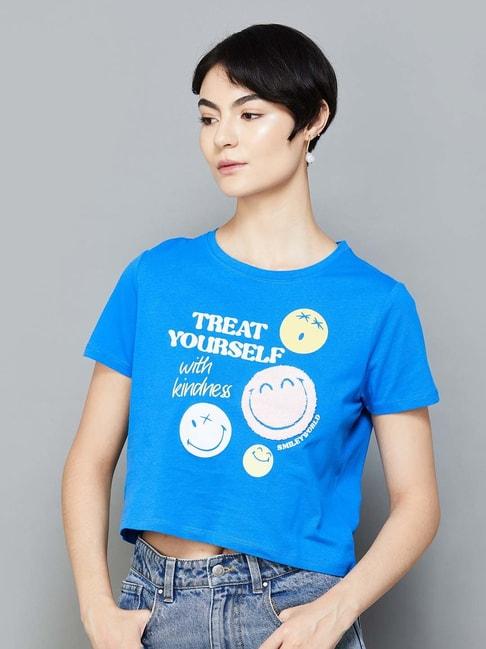 smileyworld-blue-cotton-printed-crop-t-shirt