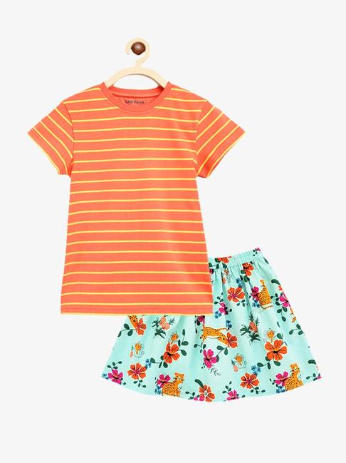 campana-kids-orange-&-turquoise-printed-top-with-skirt