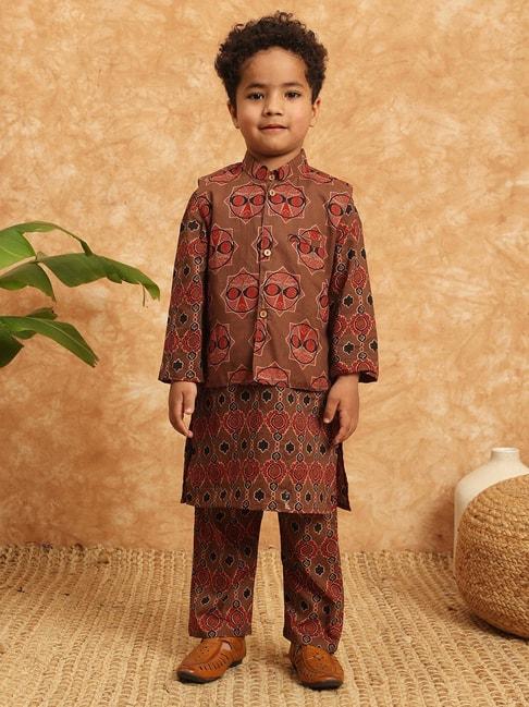 readiprint-fashions-kids-brown-printed-full-sleeves-kurta,-pyjamas-with-nehru-jacket