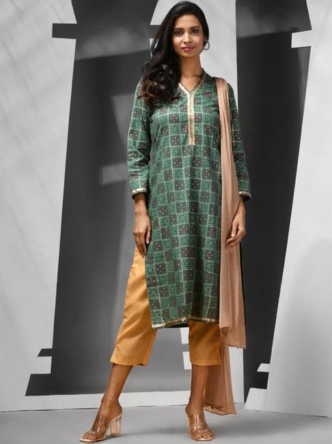 charukriti-green-&-beige-printed-kurta-pant-set-with-dupatta
