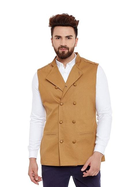 hypernation-khaki-mandarin-collar-cotton-waistcoat