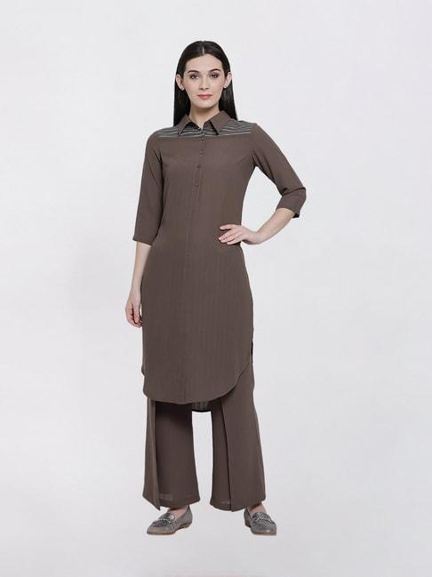 office-&-you-earth-brown-long-kurti-with-teel-blue-embellishment