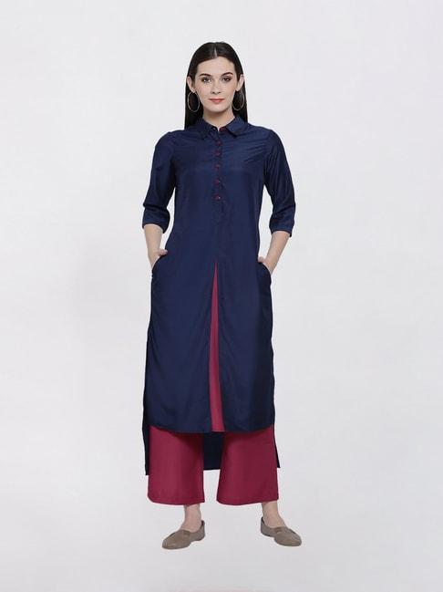 office-&-you-blue-&-pink-double-layer-asymmetrical-long-kurti-with-slit
