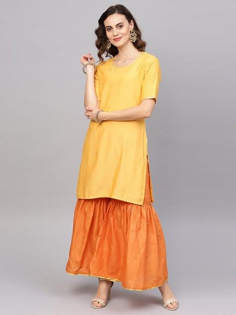 indo-era-yellow-&-orange-cotton-striped-kurta-sharara-set
