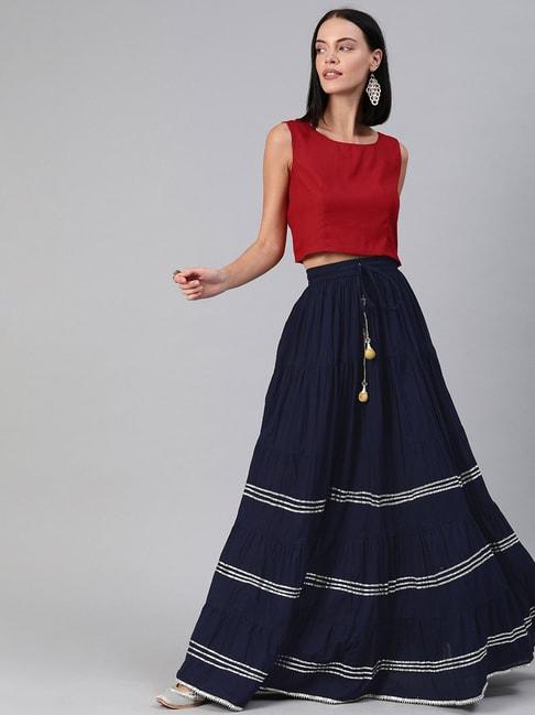 geroo-jaipur-women-handcrafted-maroon-crop-top-&-navy-blue-pure-cotton-skirt