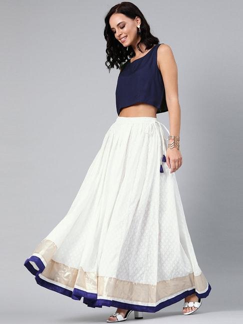 geroo-jaipur-white-pure-cotton-long-skirt-with-navy-blue-crop-top