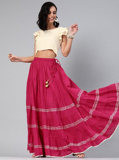 geroo-jaipur-hand-crafted-flared-pink-pure-cotton-skirt-with-white-crop-top