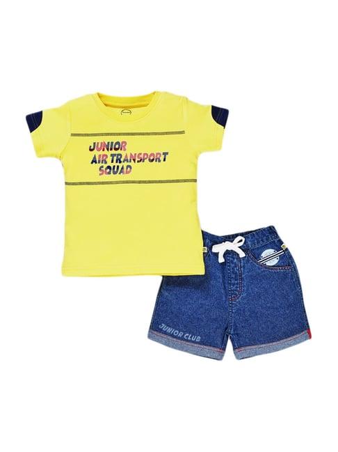 pranava-kids-yellow-&-denim-cotton-patch-work-t-shirt-&-shorts