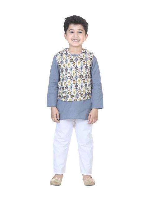 bownbee-kids-grey-cotton-printed-kurta-&-pajamas-with-jacket