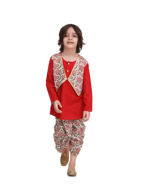 bownbee-kids-red-&-white-floral-print--kurta-with-dhoti