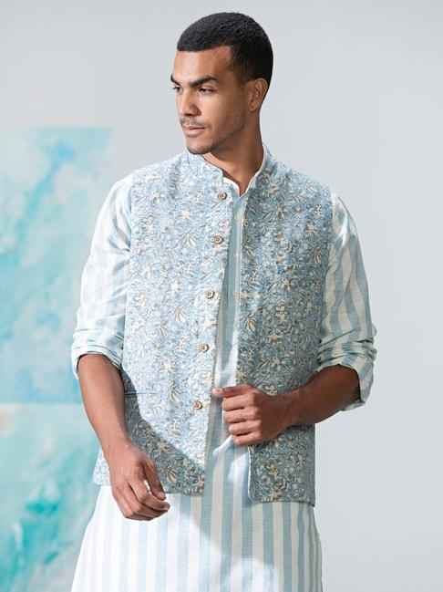 fabindia-sky-blue-cotton-regular-fit-floral-print-nehru-jacket