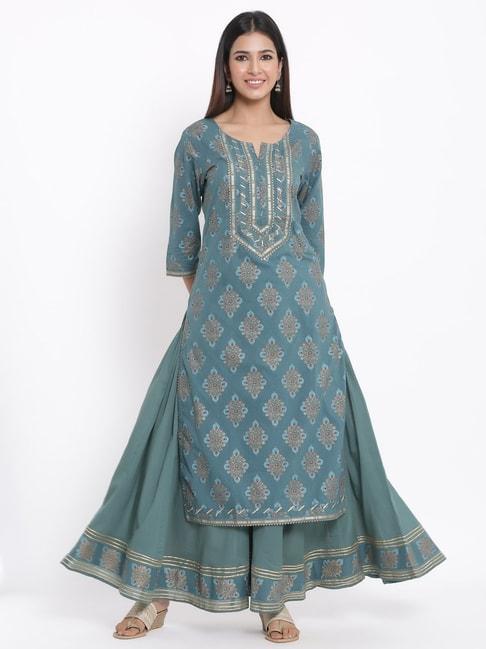 kipek-blue-cotton-printed-kurta-&-skirt-set