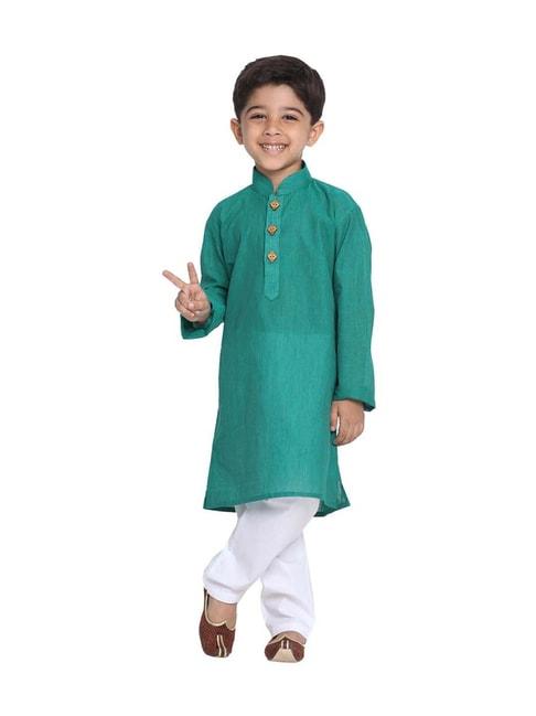 vastramay-kids-teal-green-&-white-cotton-self-pattern-kurta-set