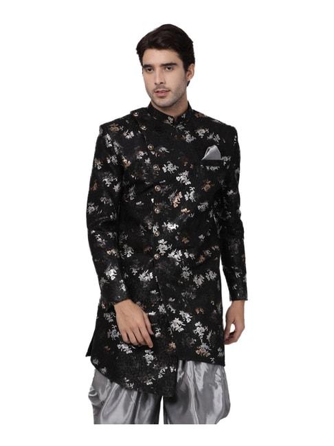 vastramay-black-regular-fit-floral-print-sherwani