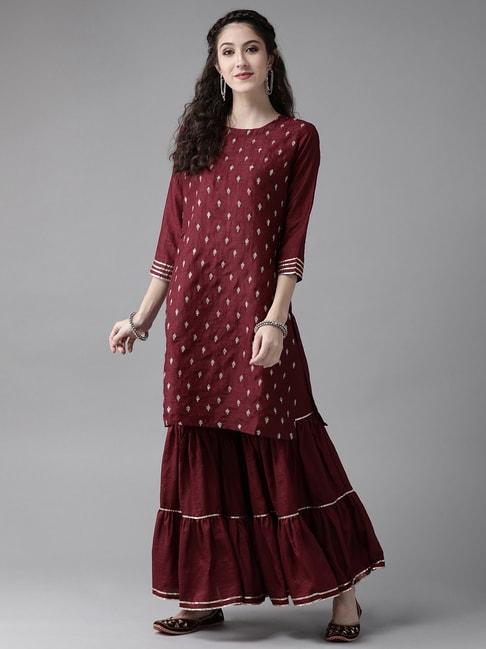 indo-era-maroon-embroidered-kurta-sharara-set