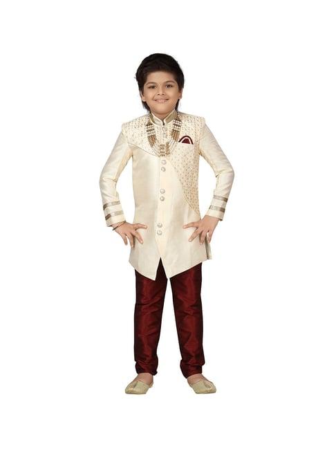 ahhaaaa-kids-beige-&-maroon-embroidered-sherwani-with-pyjamas