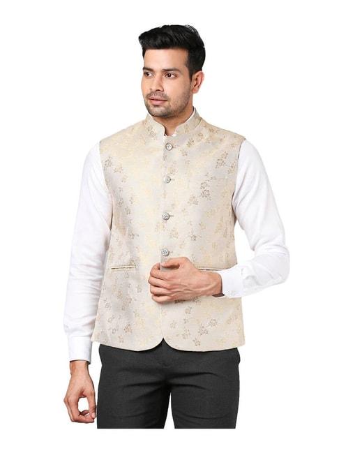 raymond-beige-floral-print-nehru-jacket