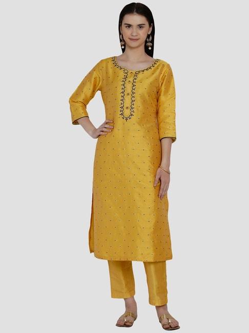 women-republic-yellow-embroidered-kurta-pant-set