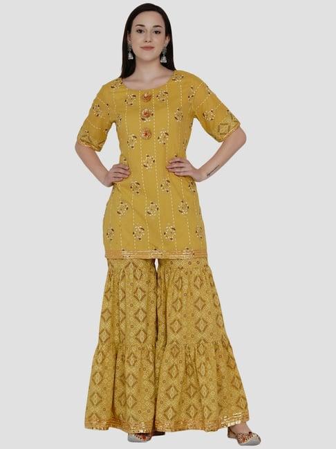 women-republic-yellow-cotton-embroidered-kurti-sharara-set