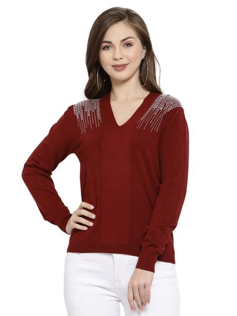 mafadeny-maroon-embellished-v-neck-sweater