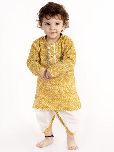 little-bansi-kids-yellow-cotton-printed-kurta-set