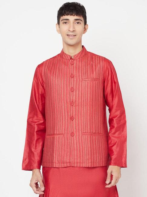 fabindia-red-sleeveless-mandarin-collar-nehru-jacket