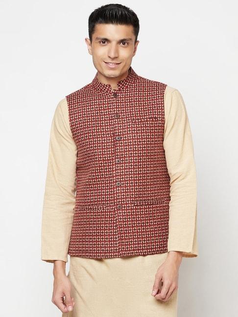 fabindia-red-sleeveless-mandarin-collar-nehru-jacket