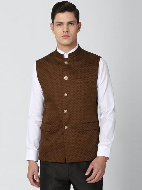 van-heusen-brown-cotton-slim-fit-printed-nehru-jacket