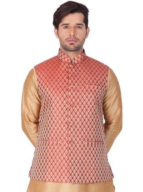 vastramay-red-straight-fit-brocade-nehru-jacket