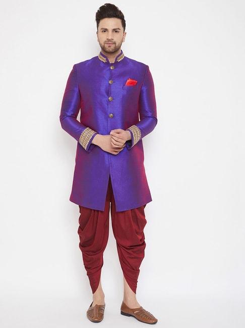 vastramay-purple-straight-fit-embroidered-sherwani-set
