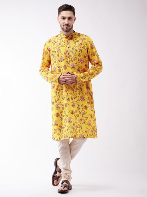 vastramay-yellow-&-beige-cotton-straight-fit-floral-print-kurta-set
