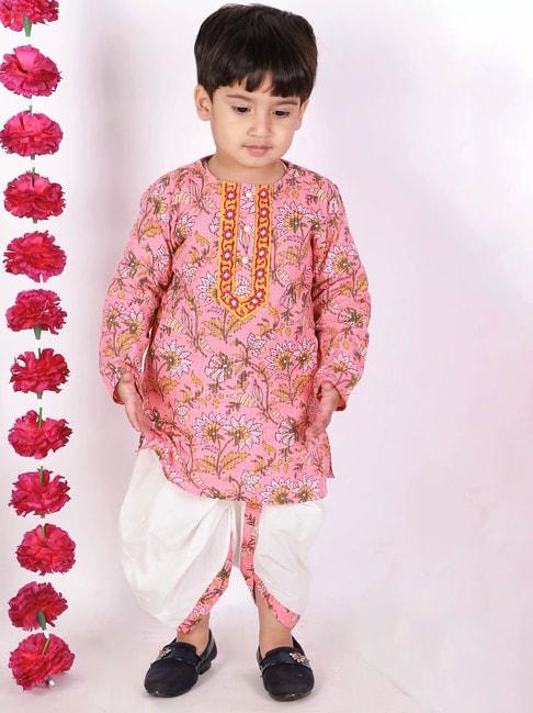 little-bansi-kids-pink-&-white-embroidered-kurta-with-dhotis