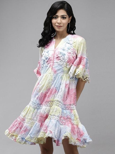 ishin-blue-&-yellow-cotton-embroidered-a-line-dress