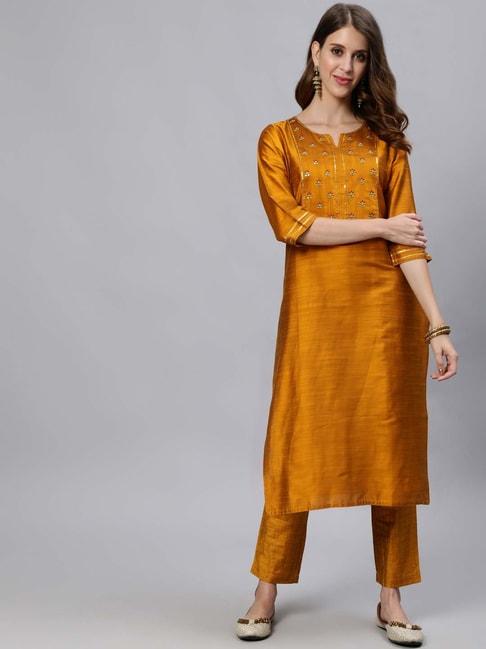 jaipur-kurti-mustard-floral-printed-straight-fit-kurta-pant-set