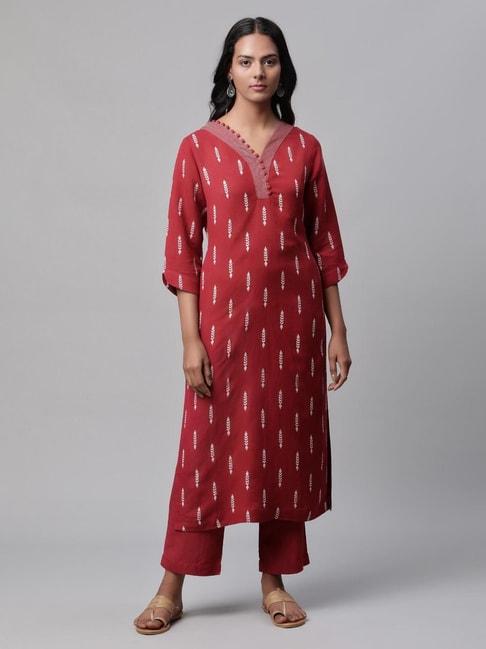 linen-club-women-maroon-printed-kurta-set