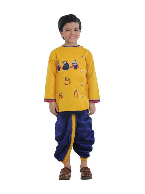ahhaaaa-kids-yellow-&-blue-cotton-embroidered-kurta-set