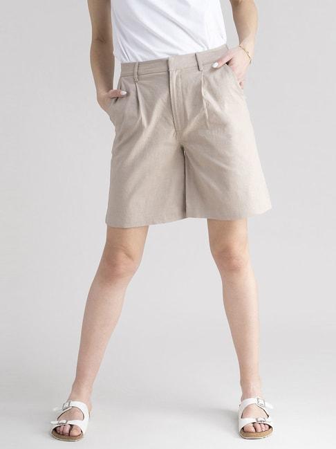 fablestreet-beige-cotton-regular-fit-shorts