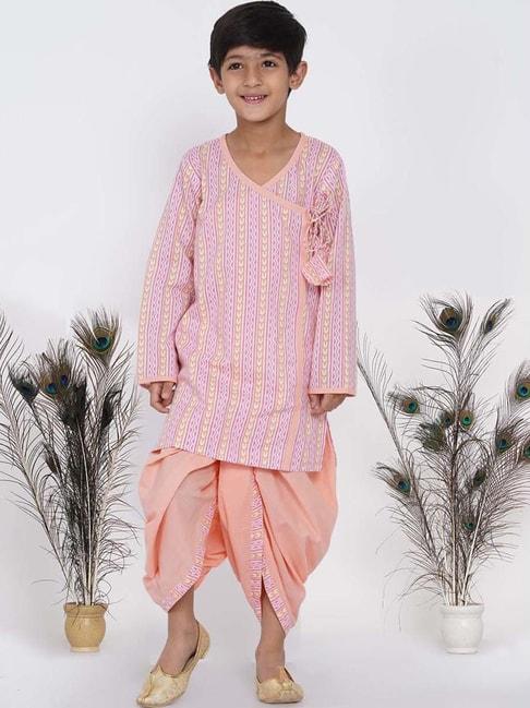 little-bansi-kids-pink-&-orange-cotton-printed-kurta-set