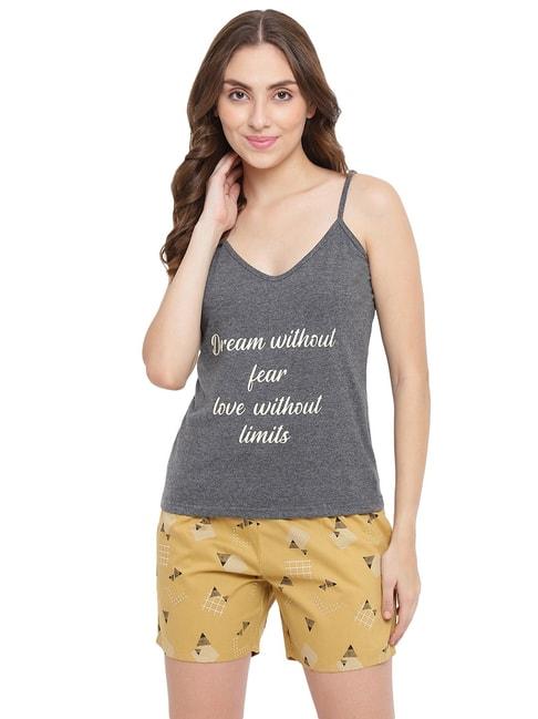 la-intimo-grey-&-khaki-printed-camisole-top-with-shorts