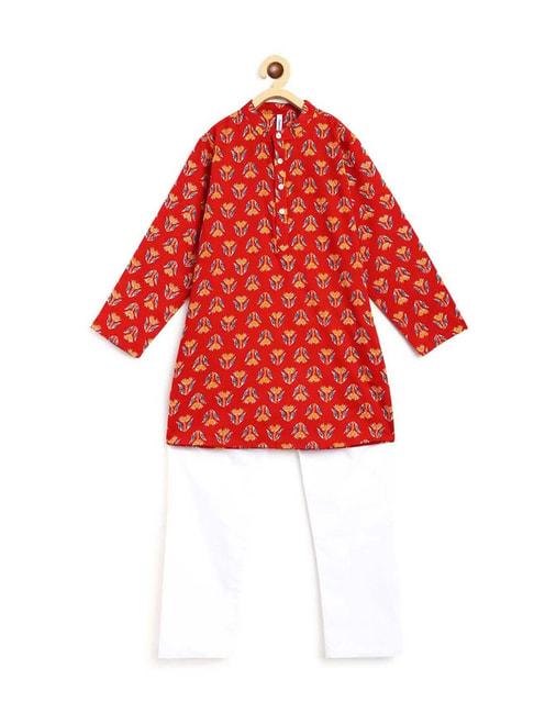 campana-kids-red-&-white-cotton-floral-print-kurta-set